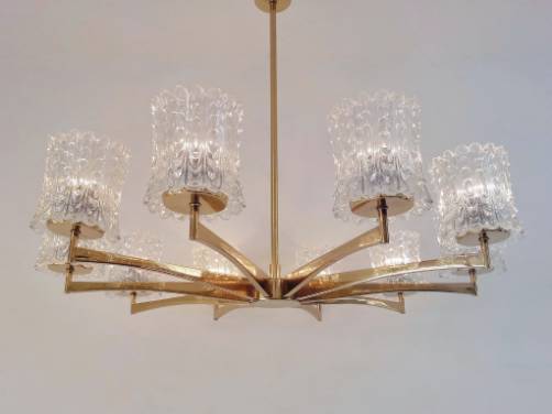 Arredoluce vintage large chandelier by Angelo Lelli, gold gilt & glass, 1950`s ca, Italian